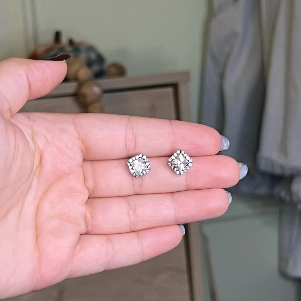 Princess Cut CZ Diamond Square Halo Studs Dainty Small Earrings Jewelry Accessor - Picture 5 of 16